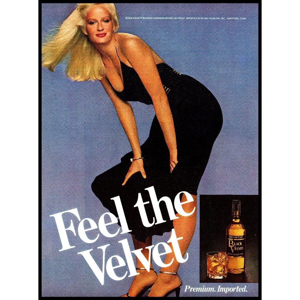 1981 Black Velvet Canadian Whiskey Vintage Print Ad Blonde Black Dress Wall Art